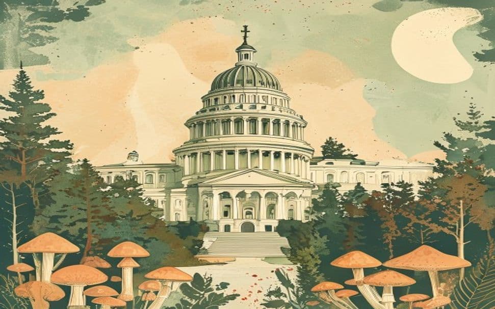 Minnesota state capitol building with a psilocybin mushroom pattern
