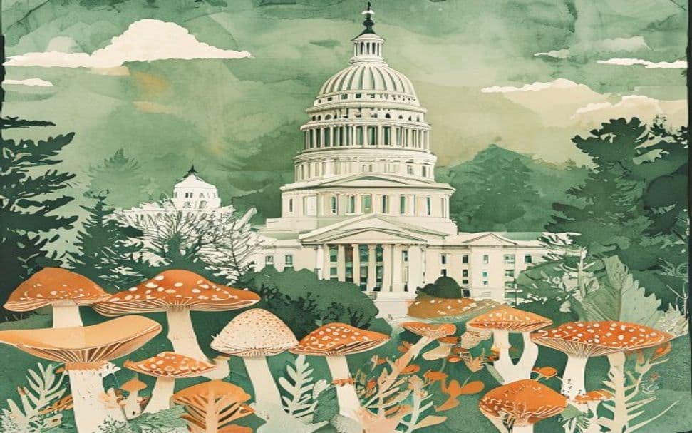 North Carolina landmark illustration with psilocybin mushroom motifs - is psilocybin legal in North Carolina