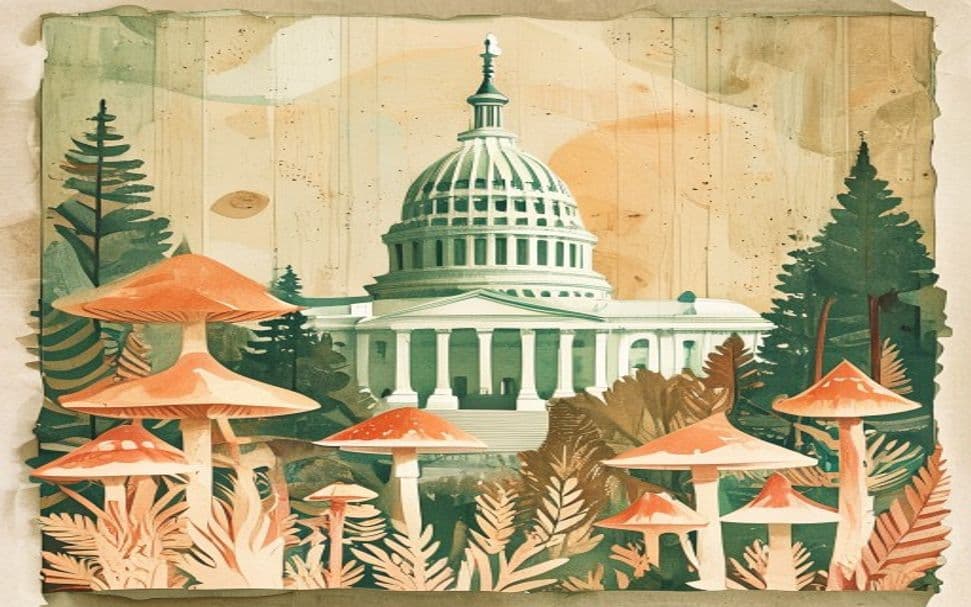 West Virginia landmark illustration with psilocybin mushroom motifs - is psilocybin legal in West Virginia
