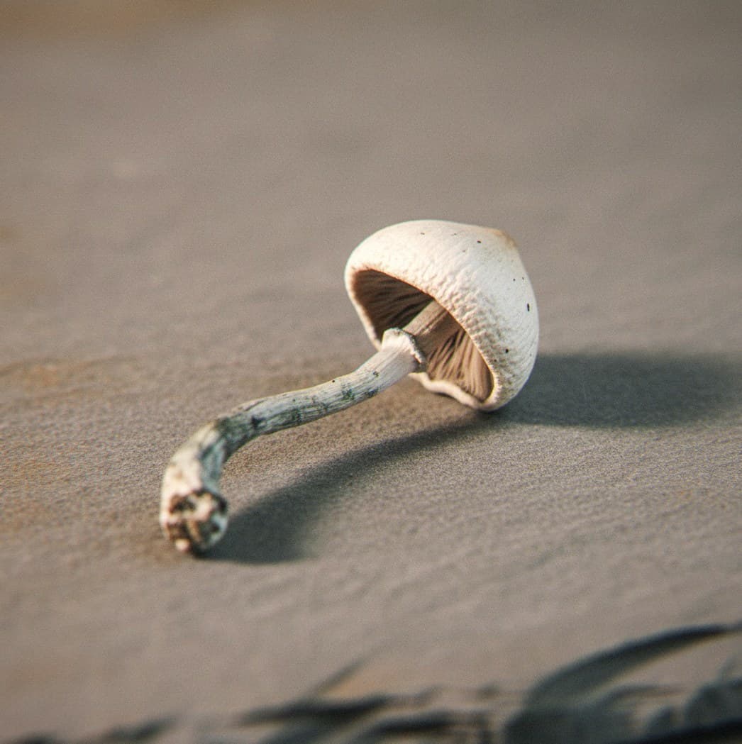 Macro close-up of a dried Albino A+ mushroom cap and stem (Psilocybe cubensis)