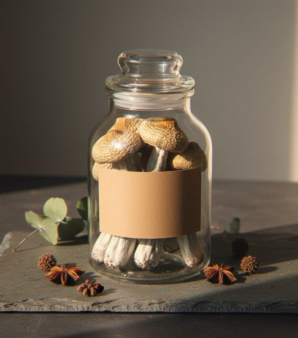 Dried Hawaiian mushrooms in an apothecary jar — MicroDose IQ strain guide