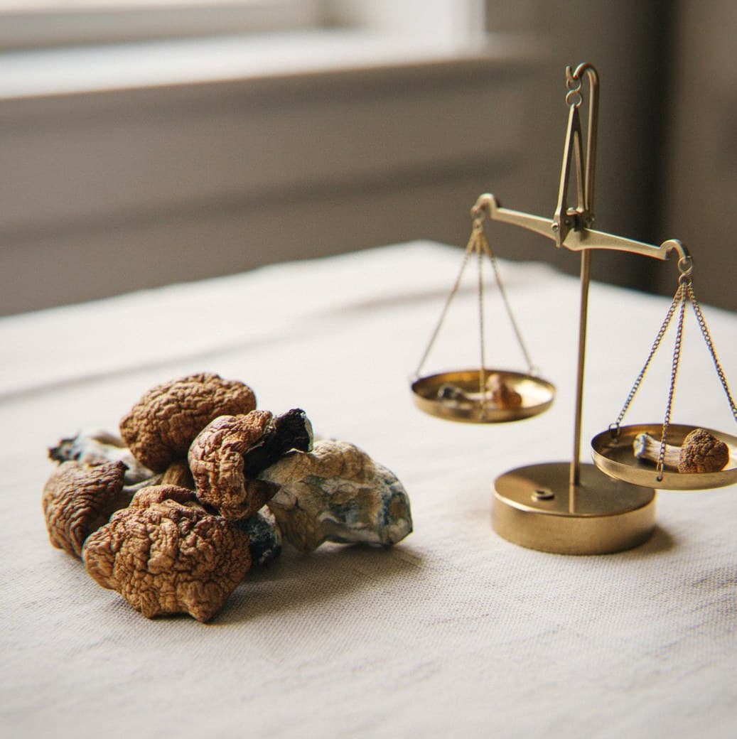 Dried Koh Samui Super Strain mushrooms portioned beside an apothecary scale (Psilocybe cubensis)