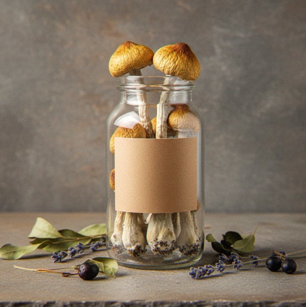 Dried Nepal Chitwan mushrooms in an apothecary jar — MicroDose IQ strain guide
