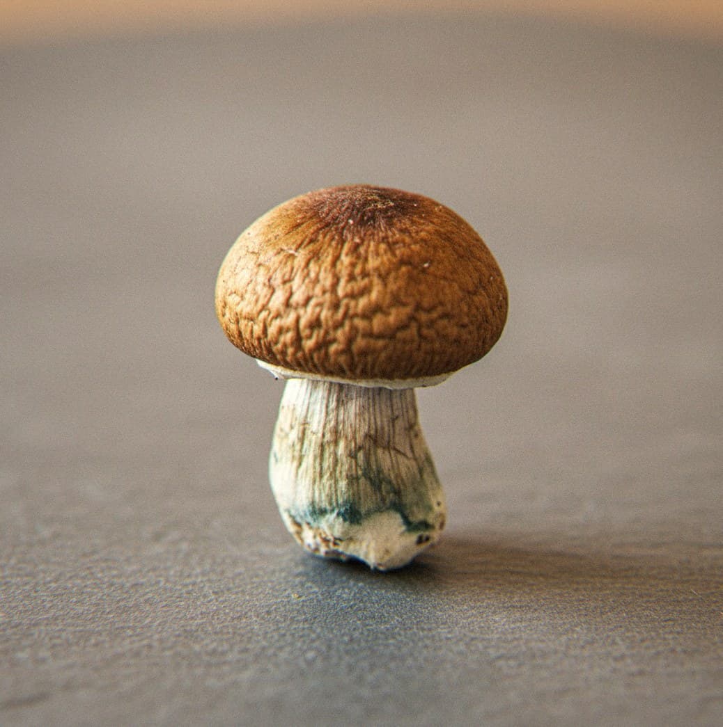 Macro close-up of a dried Nepal Chitwan mushroom cap and stem (Psilocybe cubensis)