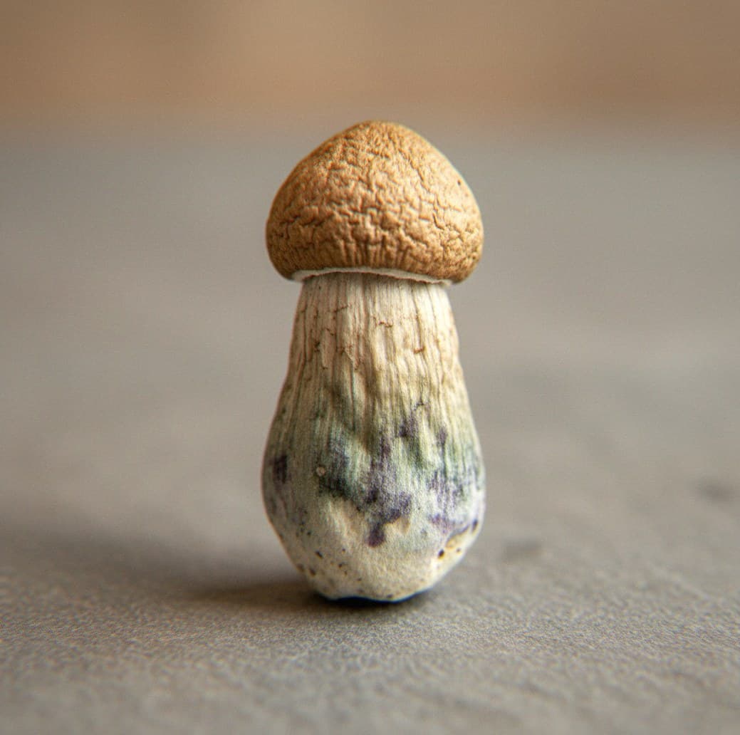 Macro close-up of a dried Penis Envy mushroom cap and stem (Psilocybe cubensis)