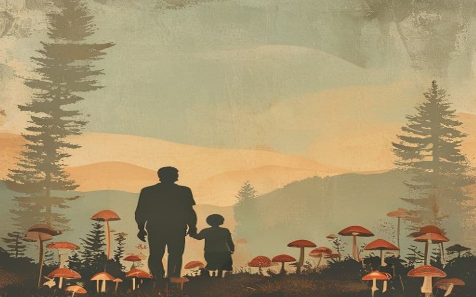 California father and child with psychedelic mushrooms in the background