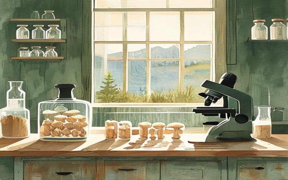 Editorial illustration of a psilocybin testing laboratory with glass vials, microscope, and Colorado mountain silhouette — Colorado psilocybin laboratory regulated realm