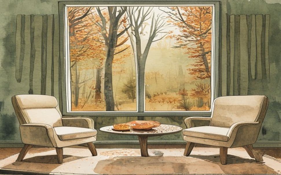 Editorial illustration of a quiet therapy room with autumn New England trees through the window — Connecticut psilocybin PTSD treatment expansion