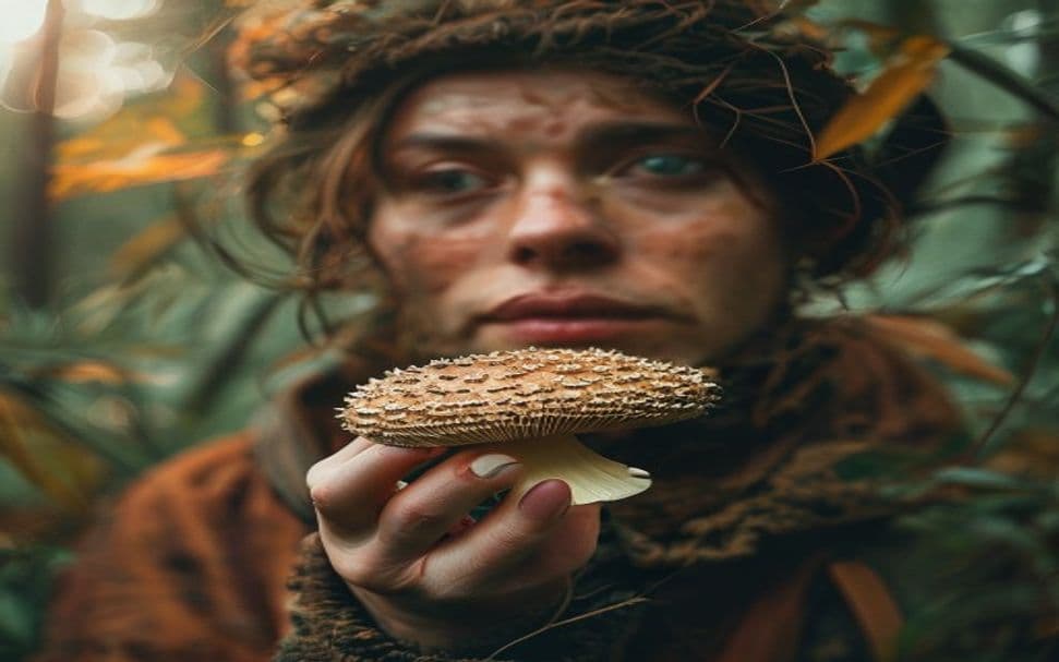 A person holding a magic mushroom, with a concerned expression, symbolizing the growing concerns about magic mushrooms use in Australia