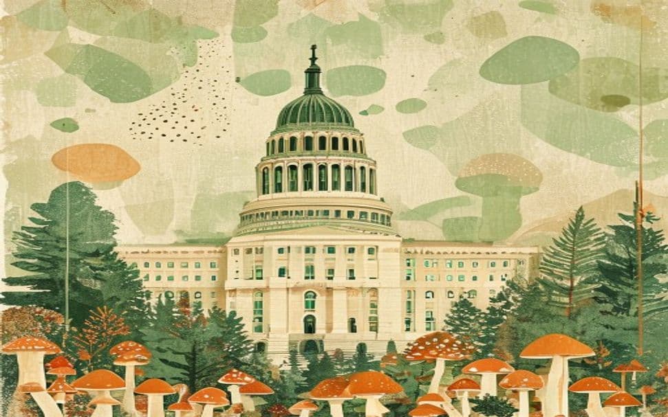 Minnesota state capitol building with a mushroom pattern, representing the legalization of psychedelic mushrooms