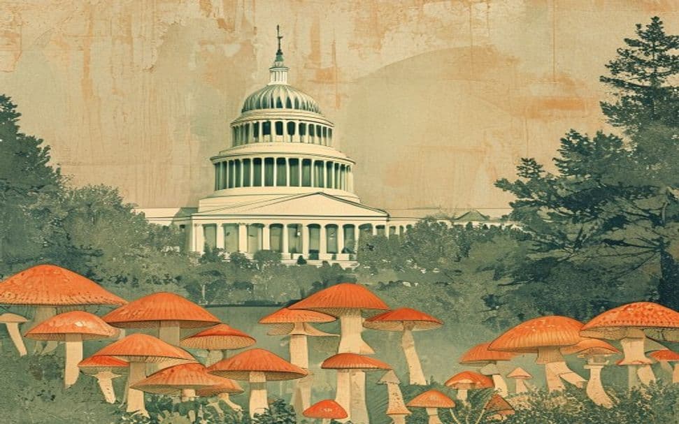Minnesota state capitol building with magic mushrooms, symbolizing the state's potential breakthrough in psilocybin research