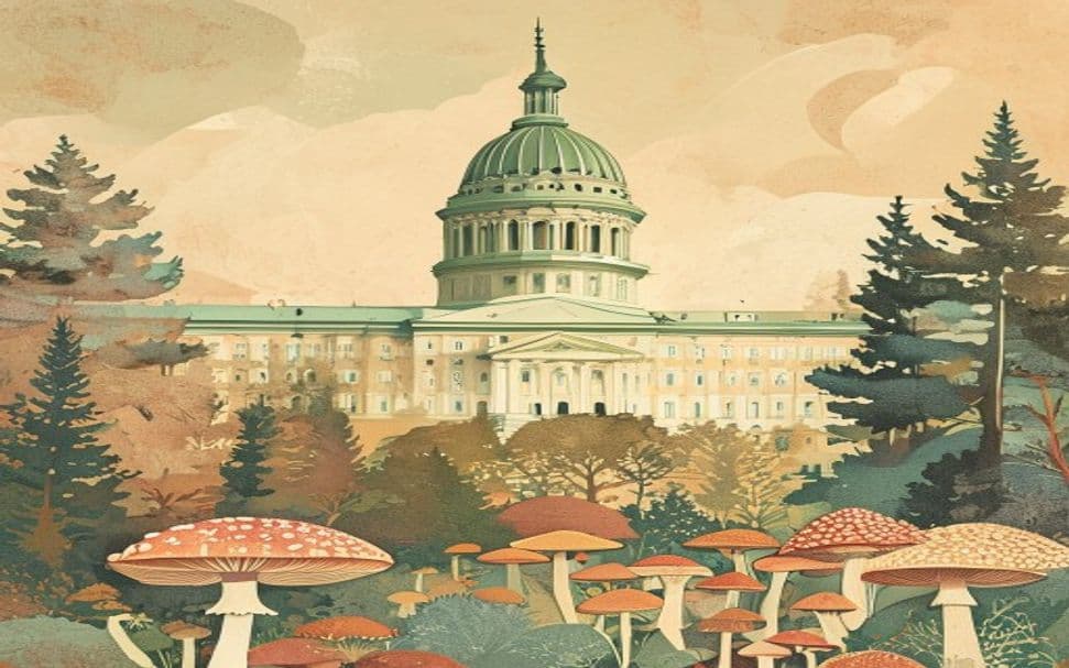 Oregon state capitol building with a psilocybin mushroom motif, representing the state's psilocybin therapy program