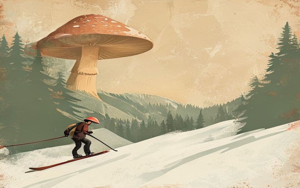 Bode Miller skiing, with a hint of psychedelic mushrooms in the background, representing the controversy surrounding his arrest