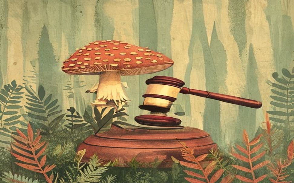 A judge's gavel and a magic mushroom, representing the Utah County case on religious freedom and substance use