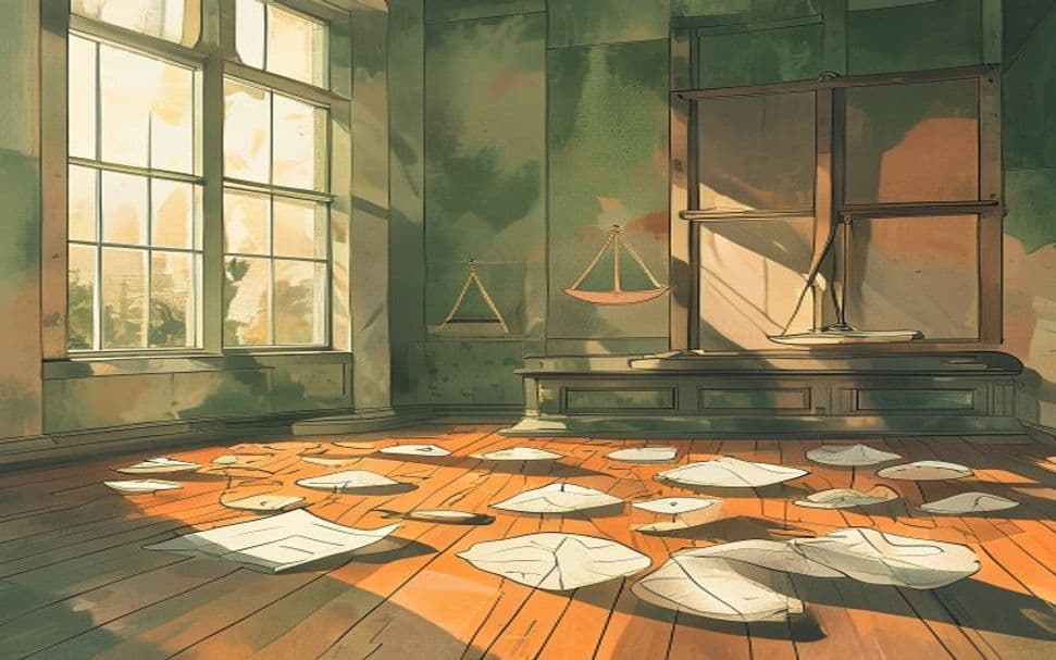 Editorial illustration of an empty courtroom with scales of justice and abstract psilocybin mushroom motifs — Utah County religious freedom psilocybin case