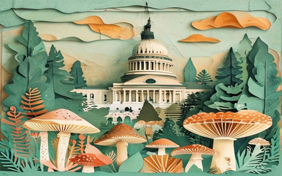 Alabama landmark illustration with psilocybin mushroom motifs - is psilocybin legal in Alabama
