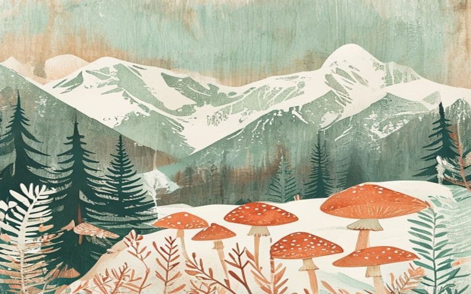 Alaska landmark illustration with psilocybin mushroom motifs - is psilocybin legal in Alaska