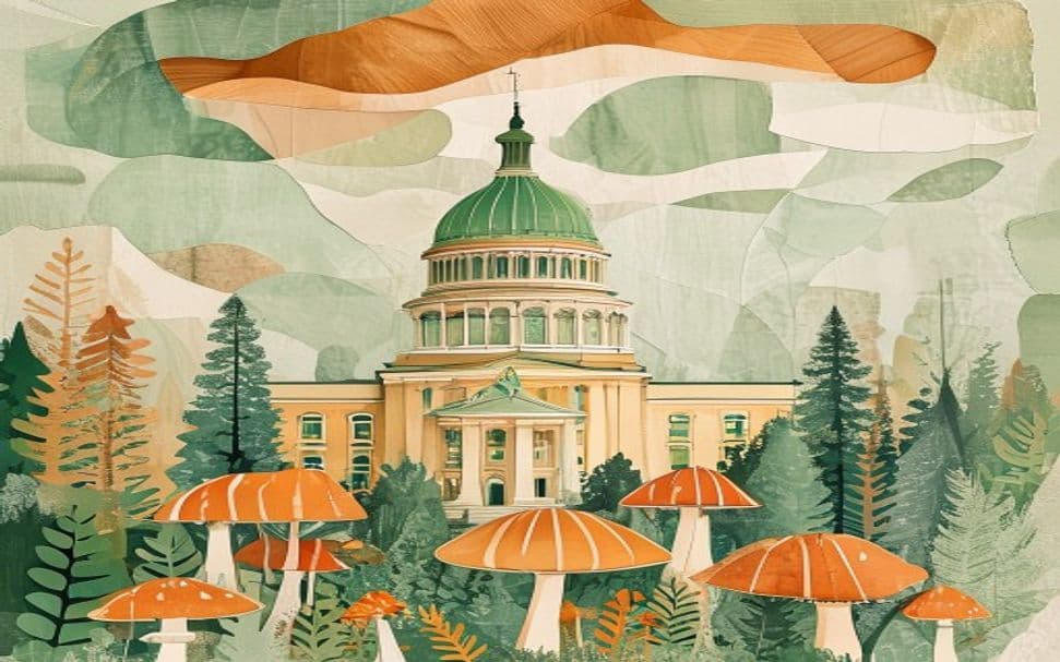 Arkansas landmark illustration with psilocybin mushroom motifs - is psilocybin legal in Arkansas
