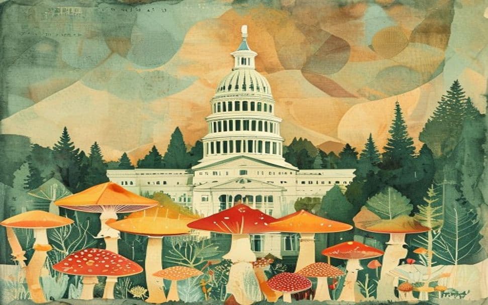 California landmark illustration with psilocybin mushroom motifs - is psilocybin legal in California