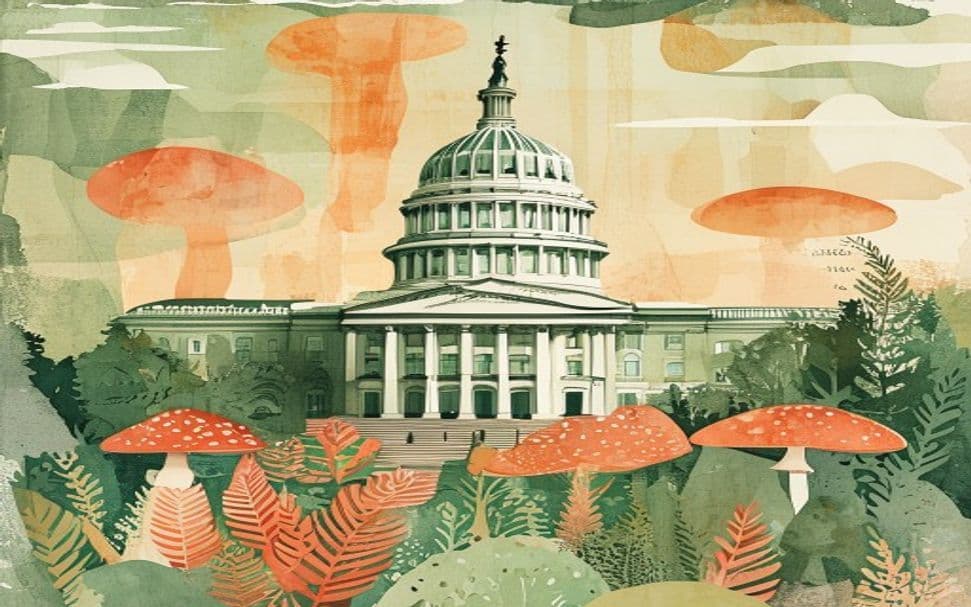 Connecticut landmark illustration with psilocybin mushroom motifs - is psilocybin legal in Connecticut