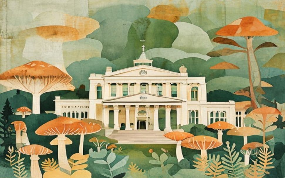 Delaware landmark illustration with psilocybin mushroom motifs - is psilocybin legal in Delaware