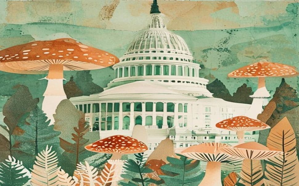 Georgia landmark illustration with psilocybin mushroom motifs - is psilocybin legal in Georgia