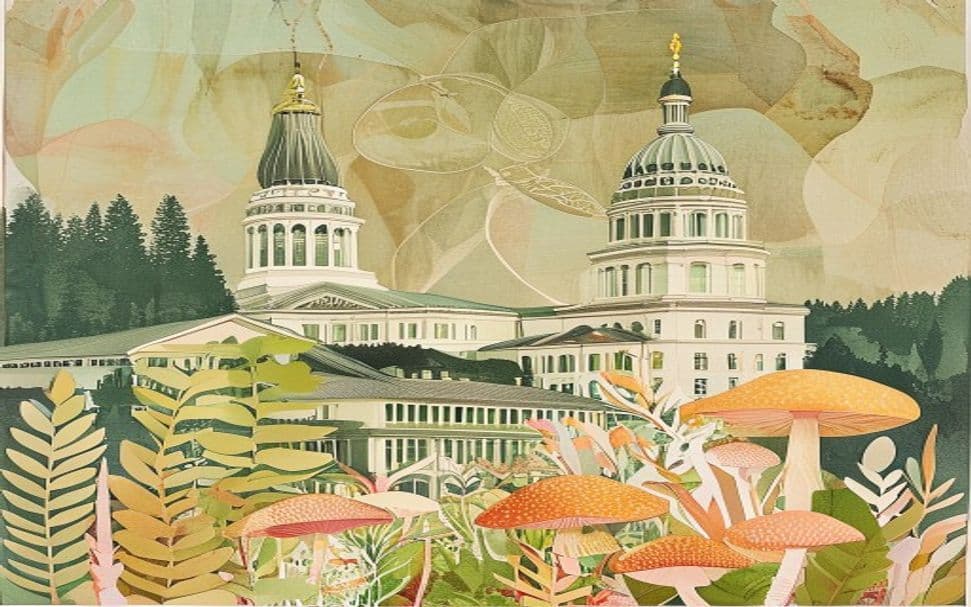 Idaho landmark illustration with psilocybin mushroom motifs - is psilocybin legal in Idaho