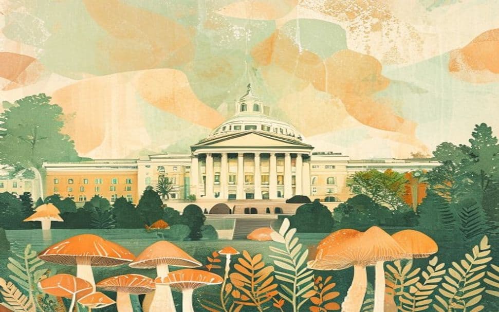 Indiana landmark illustration with psilocybin mushroom motifs - is psilocybin legal in Indiana