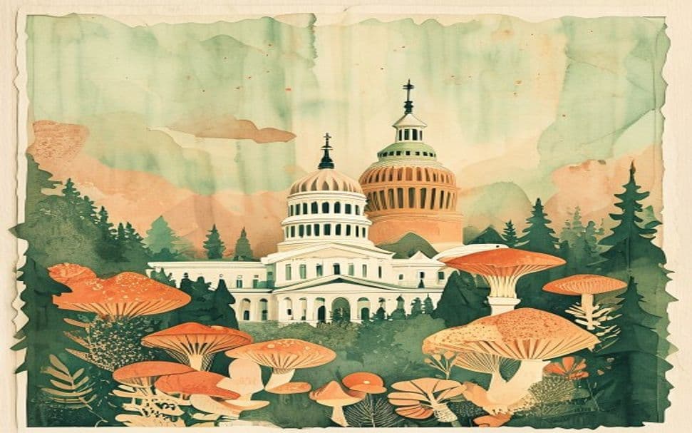 Iowa landmark illustration with psilocybin mushroom motifs - is psilocybin legal in Iowa