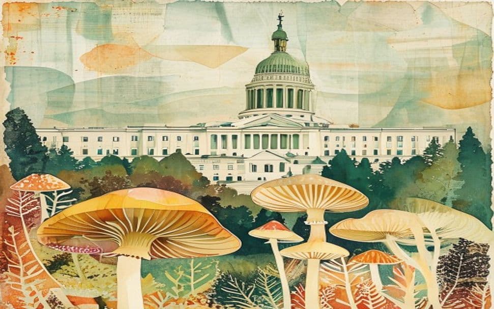 Kansas landmark illustration with psilocybin mushroom motifs - is psilocybin legal in Kansas