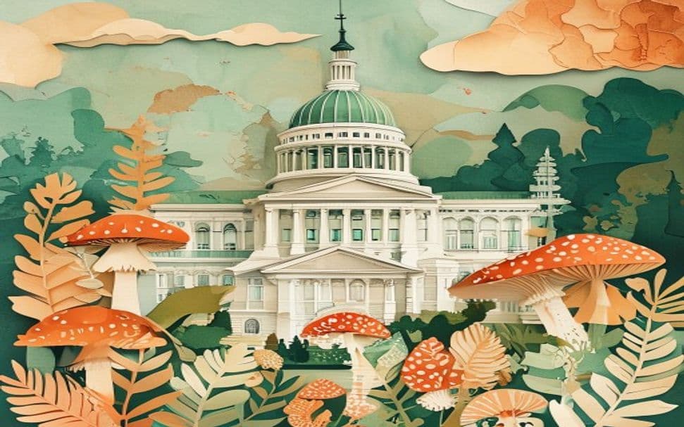Kentucky landmark illustration with psilocybin mushroom motifs - is psilocybin legal in Kentucky