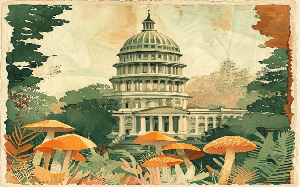 Louisiana landmark illustration with psilocybin mushroom motifs - is psilocybin legal in Louisiana