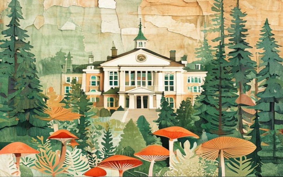 Maine landmark illustration with psilocybin mushroom motifs - is psilocybin legal in Maine