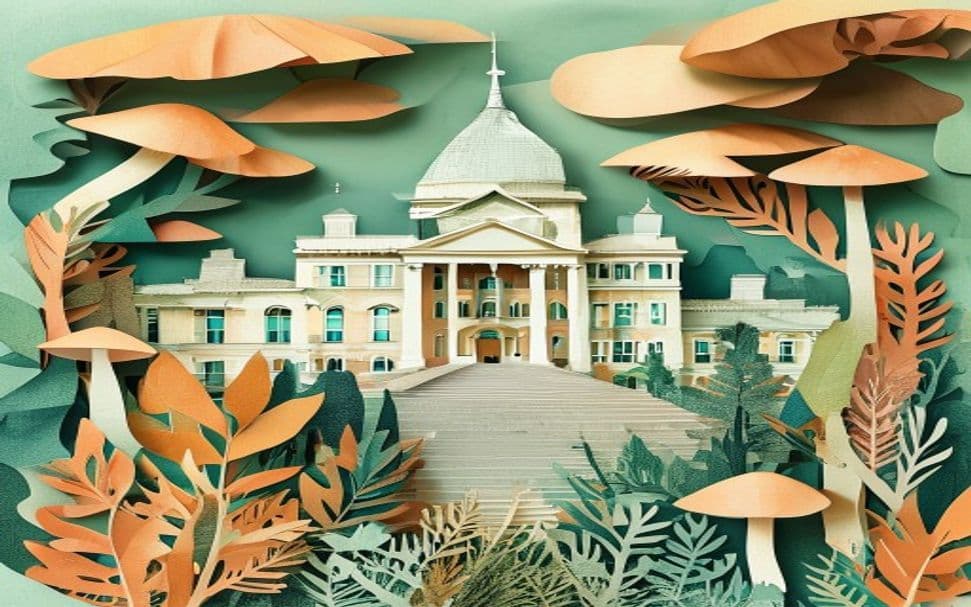 Maryland landmark illustration with psilocybin mushroom motifs - is psilocybin legal in Maryland