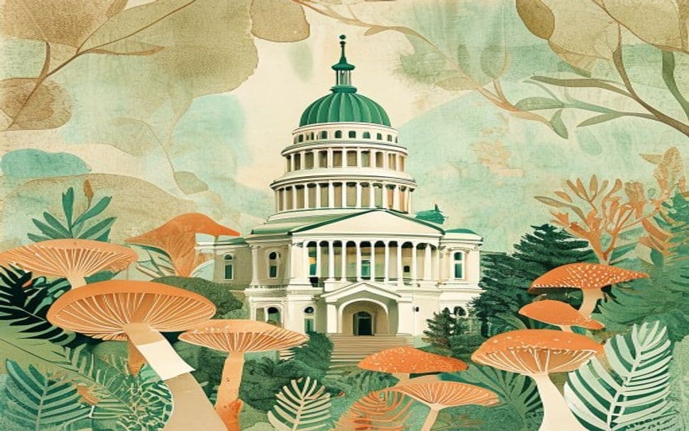 Mississippi landmark illustration with psilocybin mushroom motifs - is psilocybin legal in Mississippi