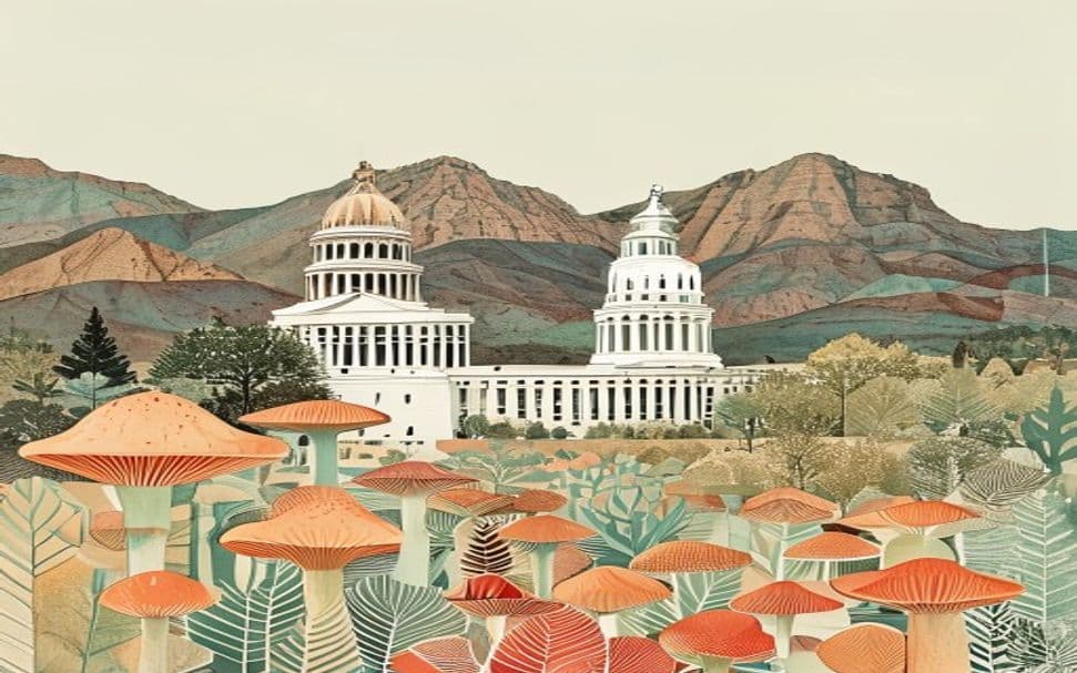 Nevada landmark illustration with psilocybin mushroom motifs - is psilocybin legal in Nevada