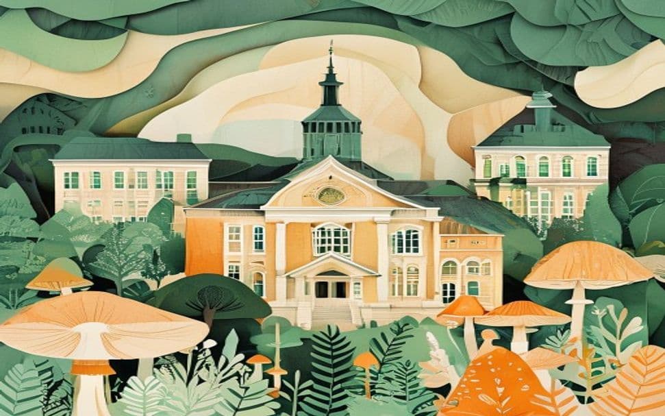 New Hampshire landmark illustration with psilocybin mushroom motifs - is psilocybin legal in New Hampshire