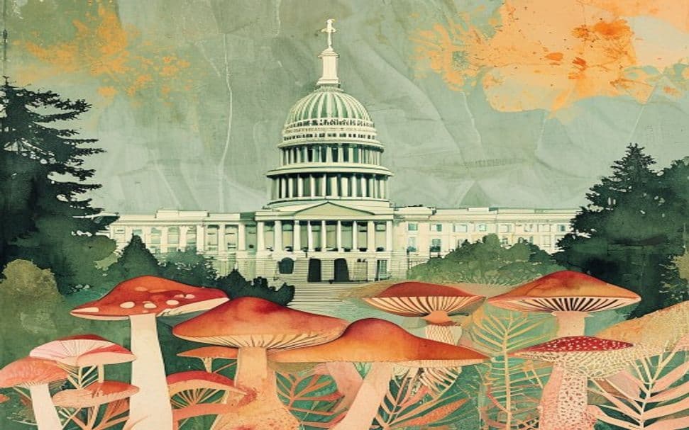 New York landmark illustration with psilocybin mushroom motifs - is psilocybin legal in New York