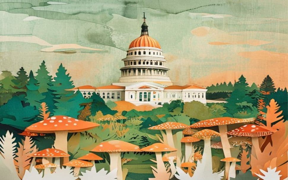 Oklahoma landmark illustration with psilocybin mushroom motifs - is psilocybin legal in Oklahoma