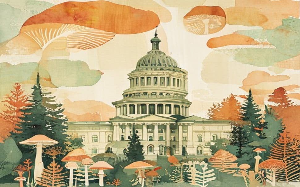 Oregon landmark illustration with psilocybin mushroom motifs - is psilocybin legal in Oregon