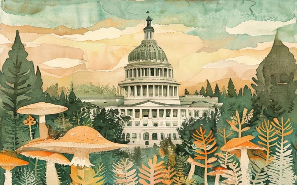 Pennsylvania landmark illustration with psilocybin mushroom motifs - is psilocybin legal in Pennsylvania