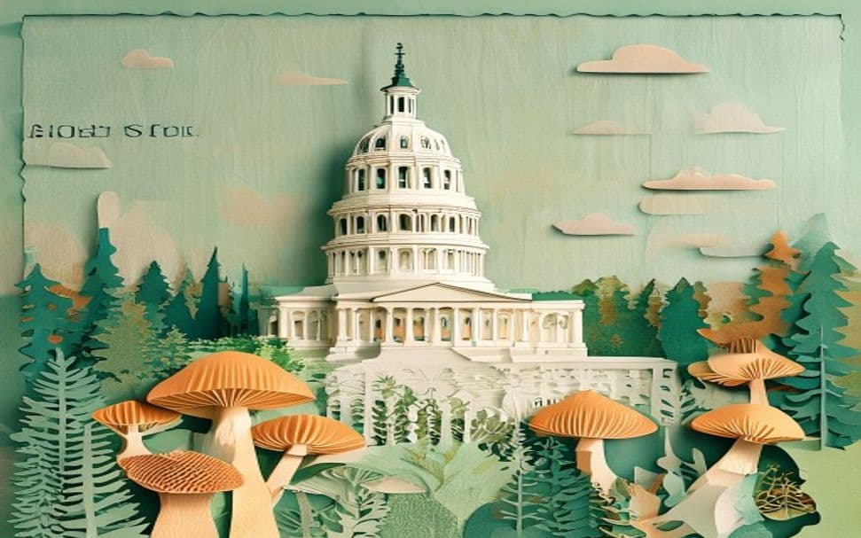 South Dakota landmark illustration with psilocybin mushroom motifs - is psilocybin legal in South Dakota