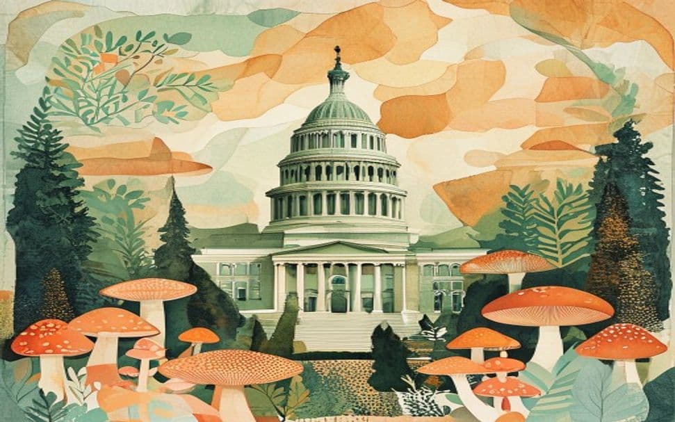 Tennessee landmark illustration with psilocybin mushroom motifs - is psilocybin legal in Tennessee