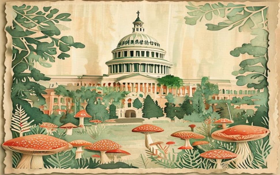 Texas landmark illustration with psilocybin mushroom motifs - is psilocybin legal in Texas