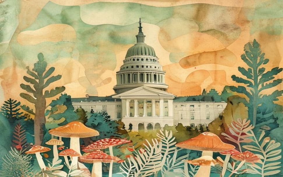 Virginia landmark illustration with psilocybin mushroom motifs - is psilocybin legal in Virginia