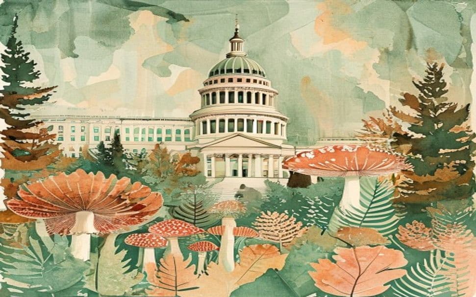 Wyoming landmark illustration with psilocybin mushroom motifs - is psilocybin legal in Wyoming