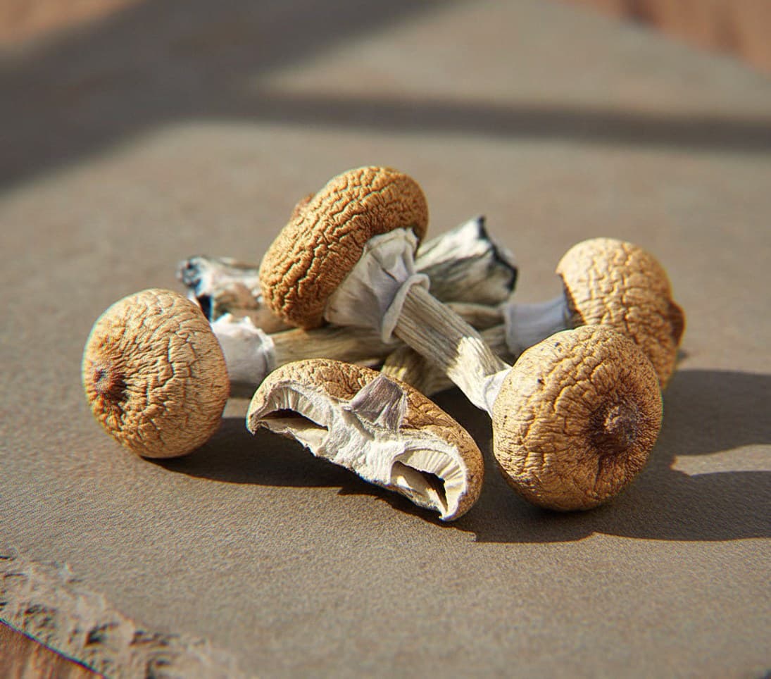Dried Albino A+ psilocybin mushrooms (Psilocybe cubensis) — ghostly white to pale cream caps and stems