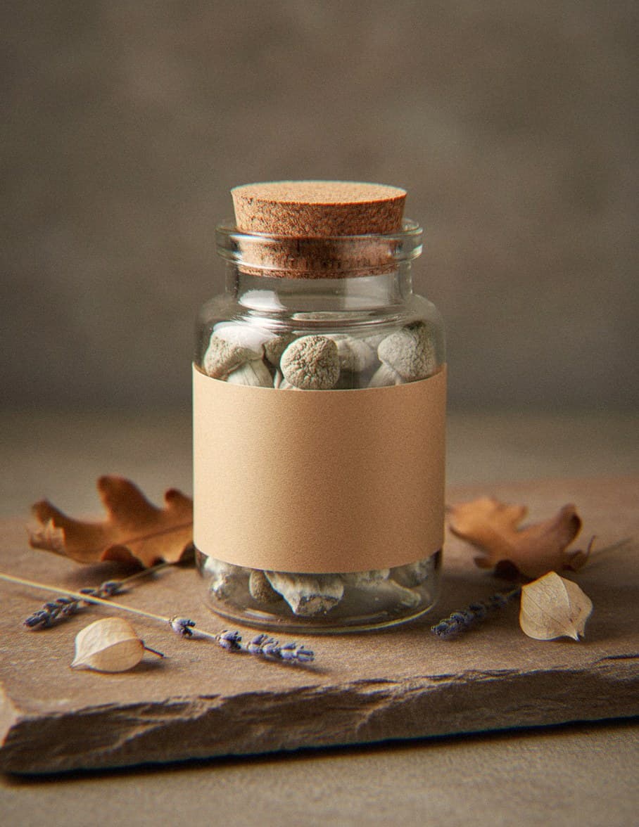 Dried Albino Penis Envy mushrooms in an apothecary jar — MicroDose IQ strain guide