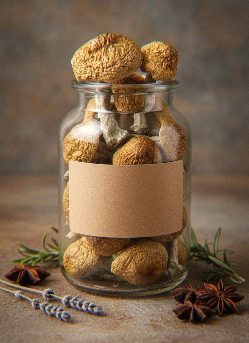 Dried Alcabenzi mushrooms in an apothecary jar — MicroDose IQ strain guide