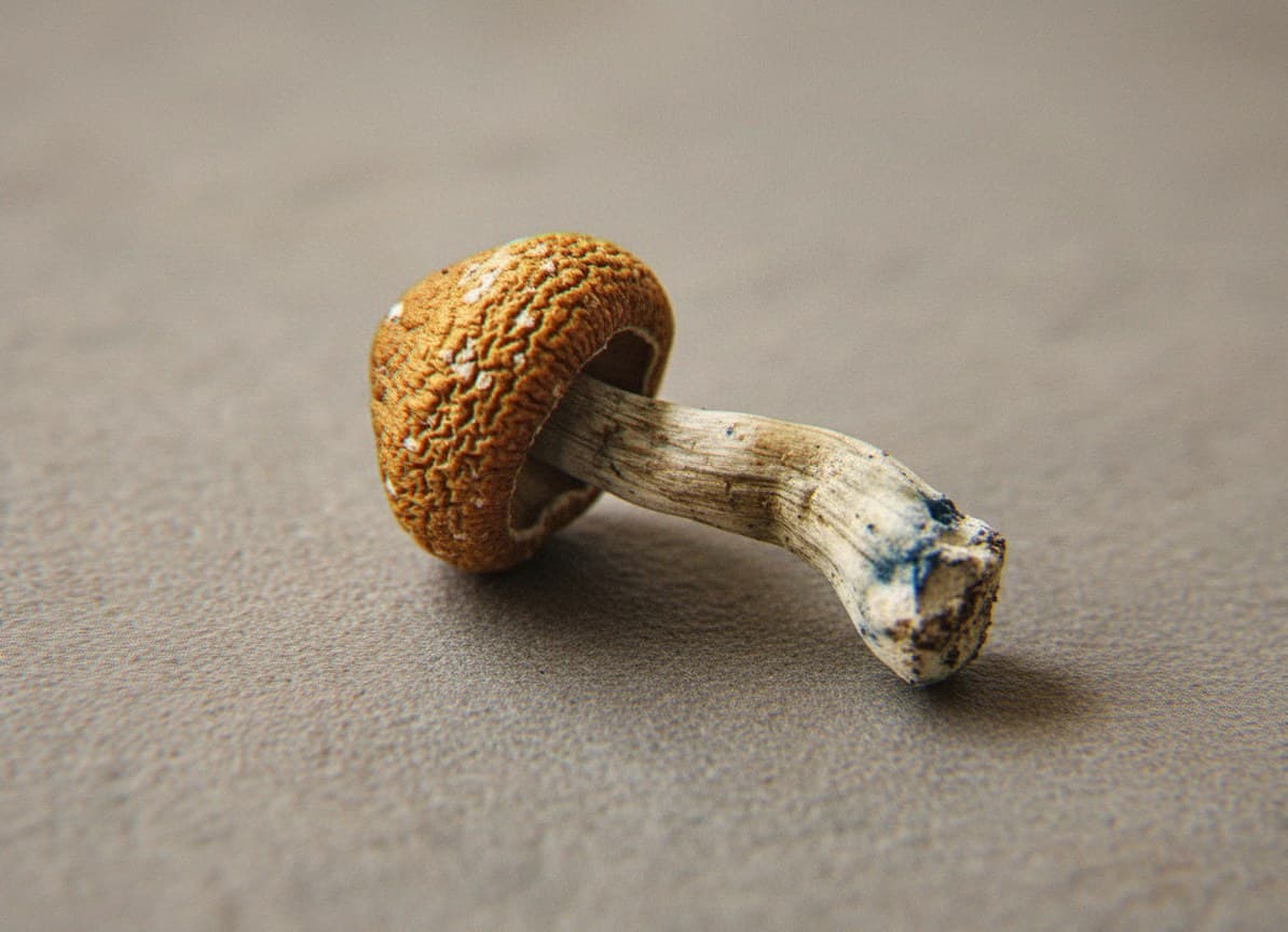 Macro close-up of a dried Amazonian mushroom cap and stem (Psilocybe cubensis)